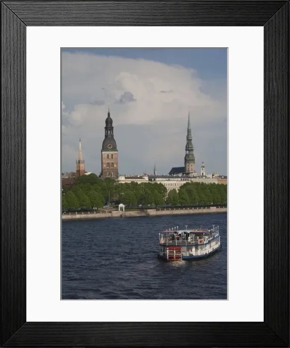 Framed Print : Latvia, Riga, Daugava River tourist boat and Riga skyline