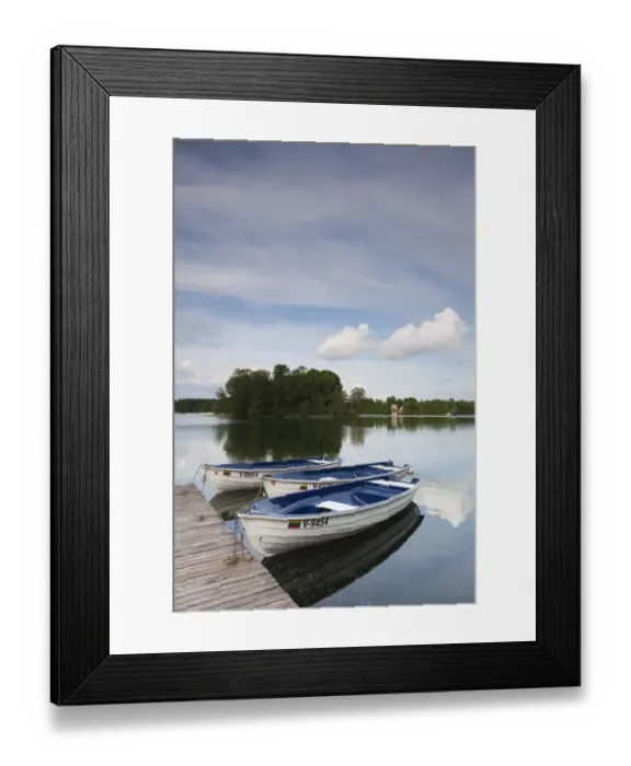 Framed Print : Lithuania, Trakai, Trakai Historical National Park, Lake Galve, boats