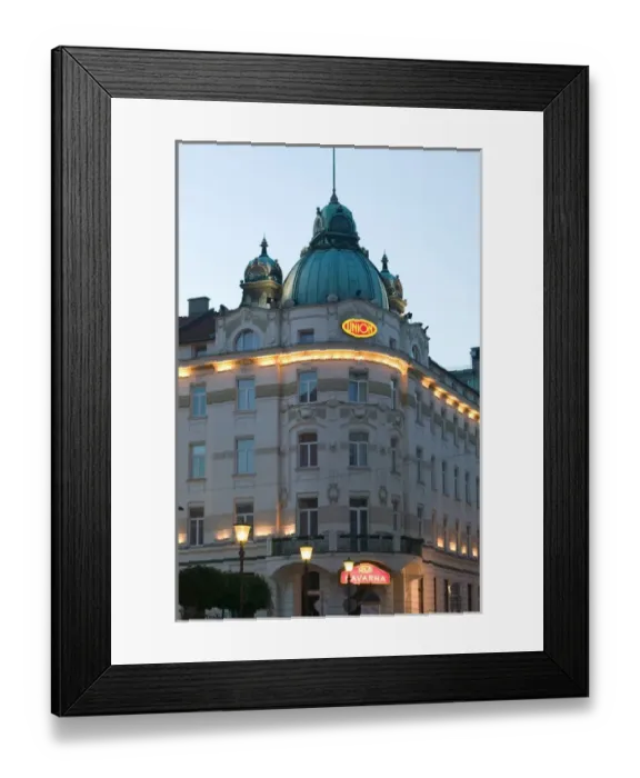 Framed Print : SLOVENIA-Ljubljana (Slovenian Capital): Detail of the Union Hotel / Evening Framed Print : SLOVENIA-Ljubljana (Slovenian Capital): Detail of the Union Hotel / Evening