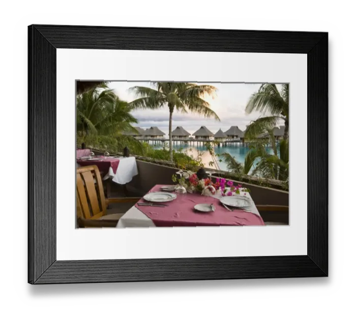 Framed Print : PR Main dining room at Bora Bora Nui Resort. Dusk light