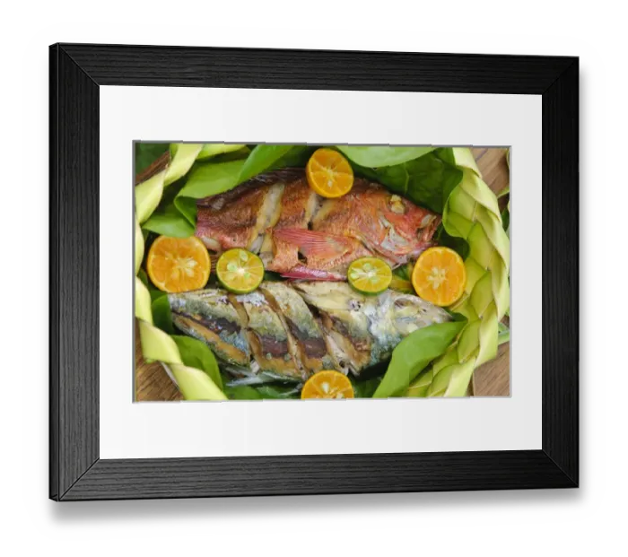 Framed Print : Yap. Local cooked fish in woven food baskets Framed Print : Yap. Local cooked fish in woven food baskets
