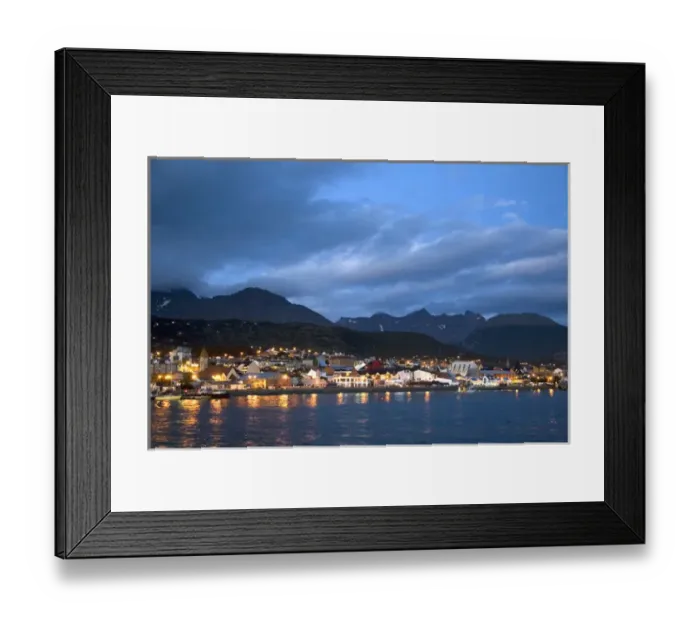 Framed Print : The harbor and city of Ushuaia at dusk on the island of Tierra del Fuego, Argentina