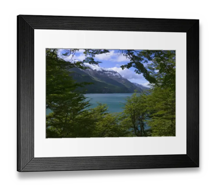 Framed Print : Trees with turquoise water and snow mountain, Lago Condor, National Park Los Glaciares