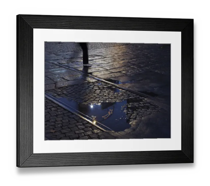 Framed Print : Buenos Aires, Argentina, street pavement and reflection in puddle, dismissed tramway Framed Print : Buenos Aires, Argentina, street pavement and reflection in puddle, dismissed tramway