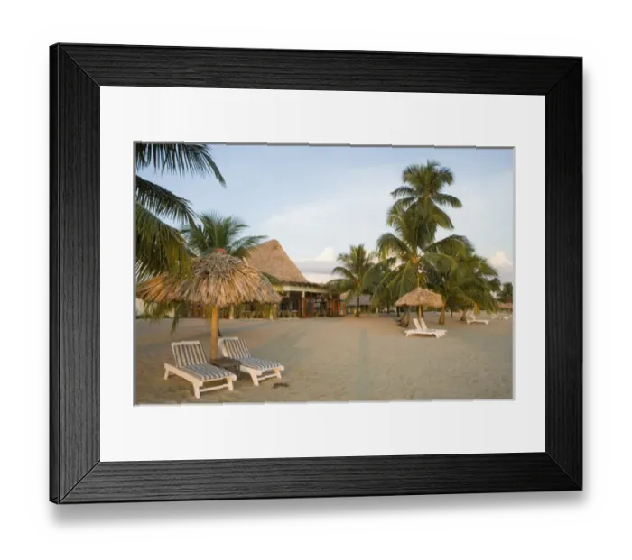 Framed Print : Thatched palapas, palm trees and lounge chairs on beach, Jaguar Reef Lodge, Hopkins Framed Print : Thatched palapas, palm trees and lounge chairs on beach, Jaguar Reef Lodge, Hopkins