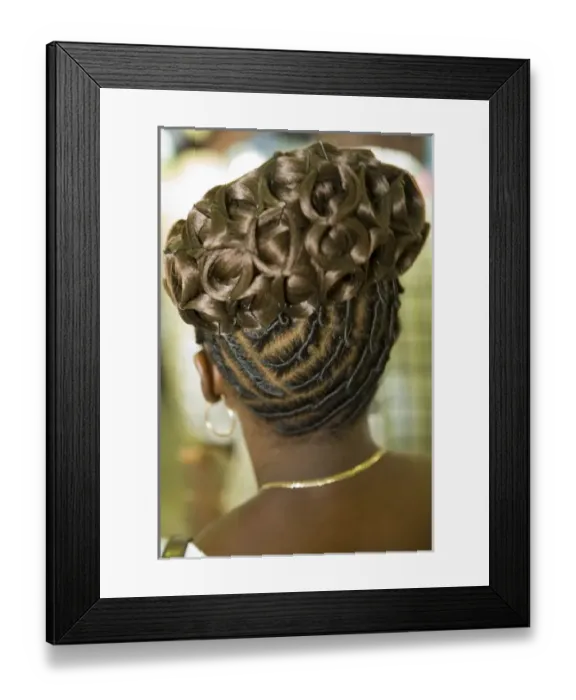 Framed Print : Womans elaborate hair style (viewed from behind), Garifuna Settlement Day, annual Framed Print : Womans elaborate hair style (viewed from behind), Garifuna Settlement Day, annual