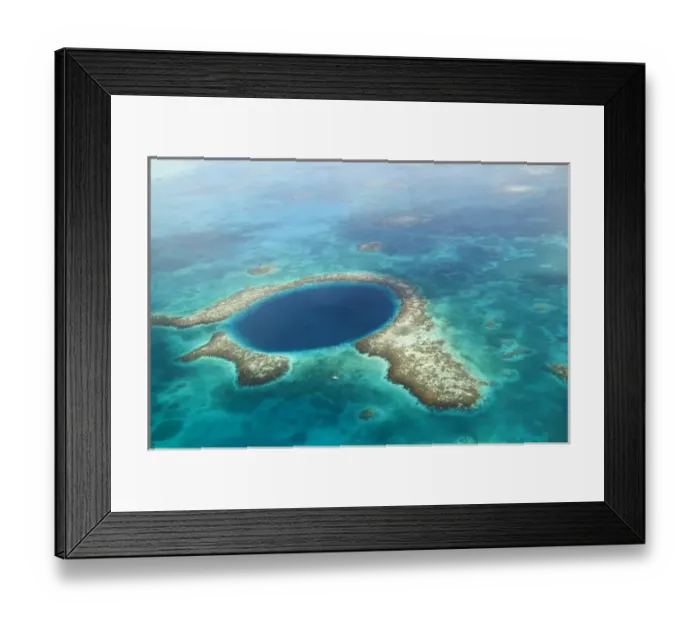 Framed Print : aerial view of Blue Hole, sailboat anchored nearby, Lighthouse Atoll, Belize Framed Print : aerial view of Blue Hole, sailboat anchored nearby, Lighthouse Atoll, Belize