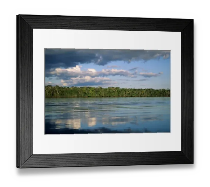 Framed Print : Mato Grosso, Brazil. Amazon; forested river bank with reflection of sky and trees Framed Print : Mato Grosso, Brazil. Amazon; forested river bank with reflection of sky and trees