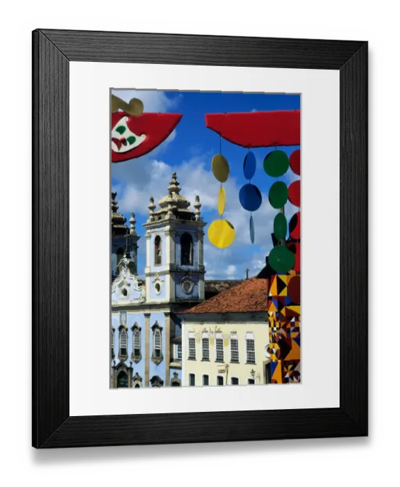 Framed Print : Salvador, Bahia State, Brazil; colonial buildings in Pelourinho with carnival decorations Framed Print : Salvador, Bahia State, Brazil; colonial buildings in Pelourinho with carnival decorations