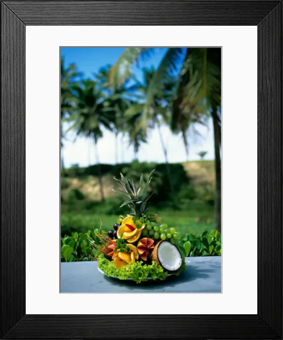 Framed Print : Sauipe, Brazil. Display of fresh fruits; pineapple, papaya, orange, guava, grapes, cocnut Framed Print : Sauipe, Brazil. Display of fresh fruits; pineapple, papaya, orange, guava, grapes, cocnut