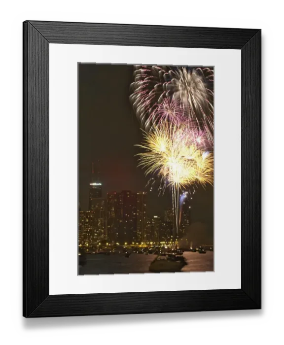 Framed Print : USA, Illinois, Chicago, Fourth of July fireworks over Monroe Harbor