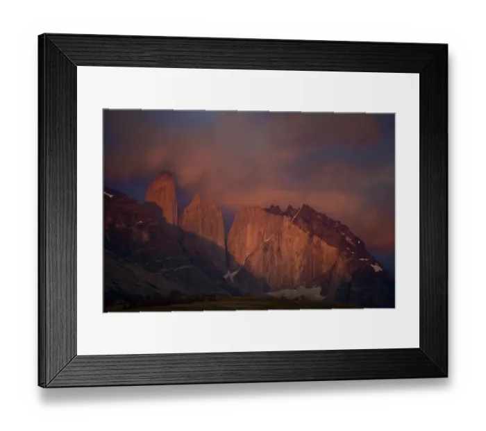 Framed Print : South America, Chile, Torres del Paine National Park. Morning alpenglow illumines granite towers Framed Print : South America, Chile, Torres del Paine National Park. Morning alpenglow illumines granite towers