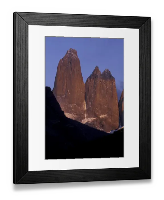 Framed Print : SA, Chile, Torres del Paine National Park. Morning light on Torre Sur and Torre Central
