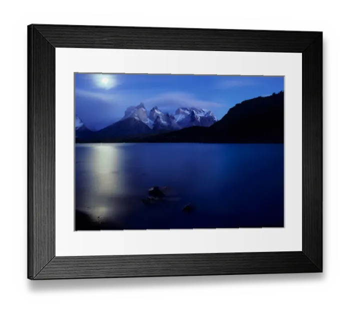 Framed Print : The moon shines on Lago Pehoe and the Horns - Las Cuernos