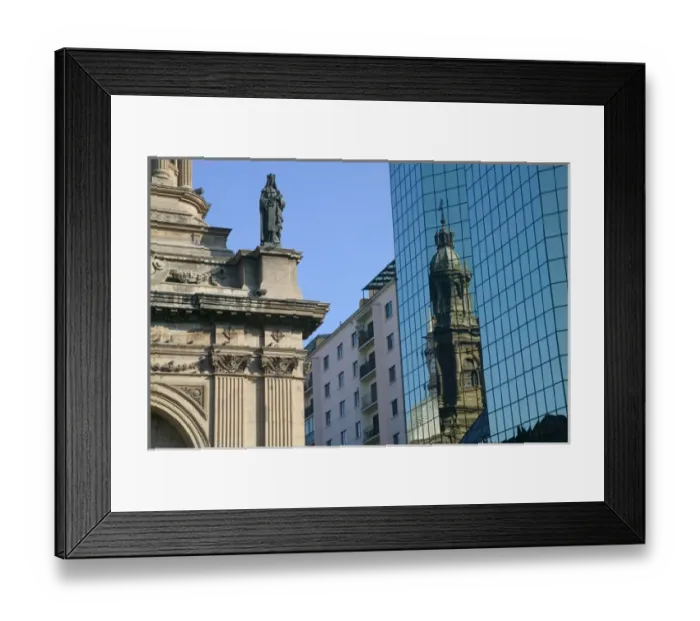 Framed Print : Reflection of Cathedral Metropolitana on blue glass of modern highrise, Plaza de Armas