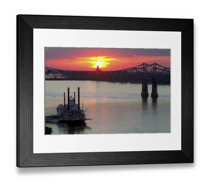 Framed Print : Sunset with steamboat under the Natchez-Vidalia Bridges spanning the Mississippi Framed Print : Sunset with steamboat under the Natchez-Vidalia Bridges spanning the Mississippi