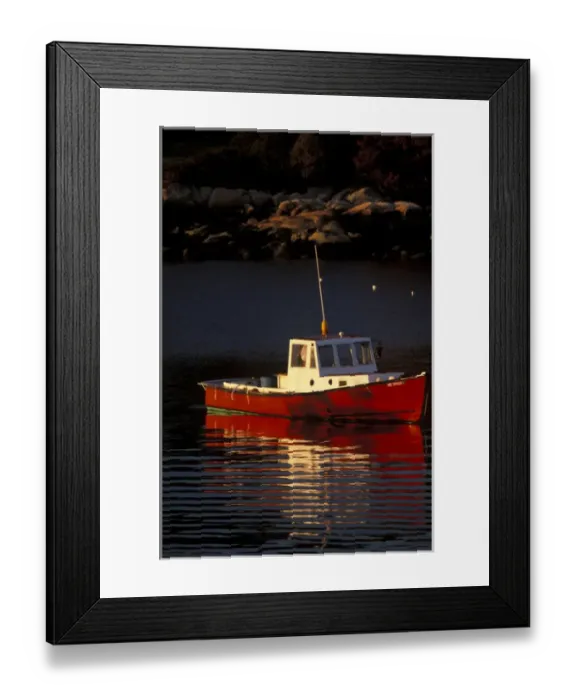 Framed Print : 07. N.A. USA, Maine, Stonington. Red Lobster boat in cove, evening light