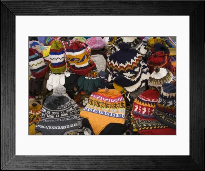 Framed Print : South America, Ecuador, Saquisili, hats on display at weekly food and crafts market