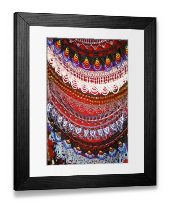 Framed Print : Beaded necklaces on display at market, Cuenca, Ecuador, South America