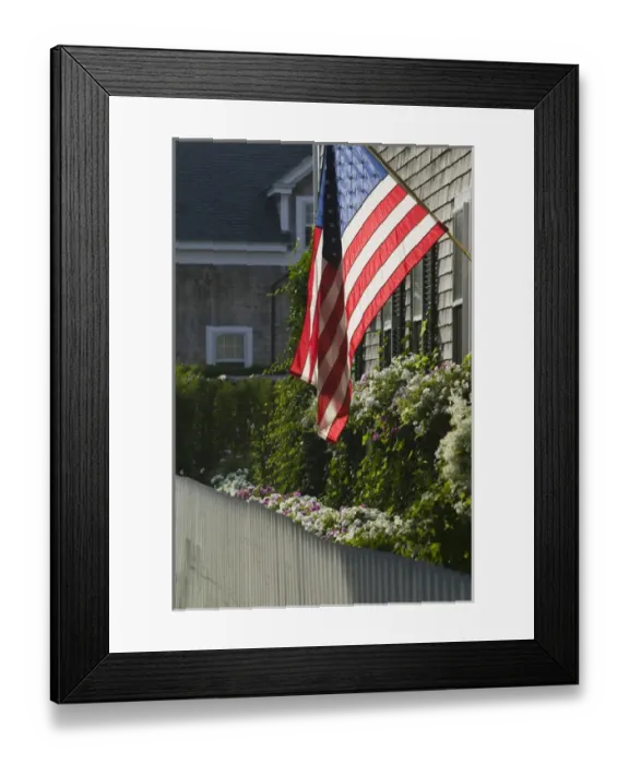 Framed Print : USA-MASSACHUSETTS-Marthas Vineyard: Edgartown- US Flag on house  /  Downtown