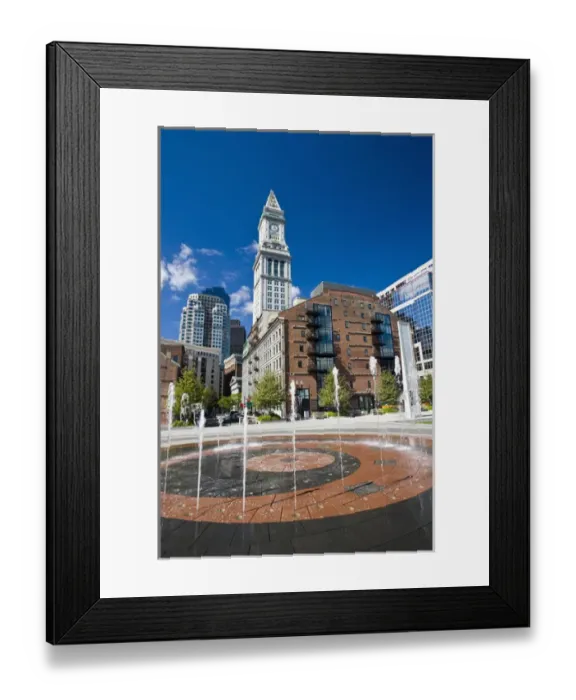 Framed Print : USA, Massachusetts, Boston. Atlantic Avenue Greenway and Customs House with fountain Framed Print : USA, Massachusetts, Boston. Atlantic Avenue Greenway and Customs House with fountain