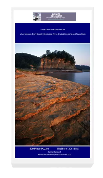 USA, Missouri, Perry County, Mississippi River, Eroded limestone and Tower Rock