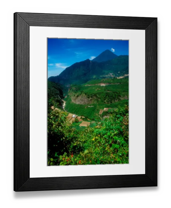 Framed Print : Guatemala: Lake Atitlan, terraced fields with homes, river and volcano in distance