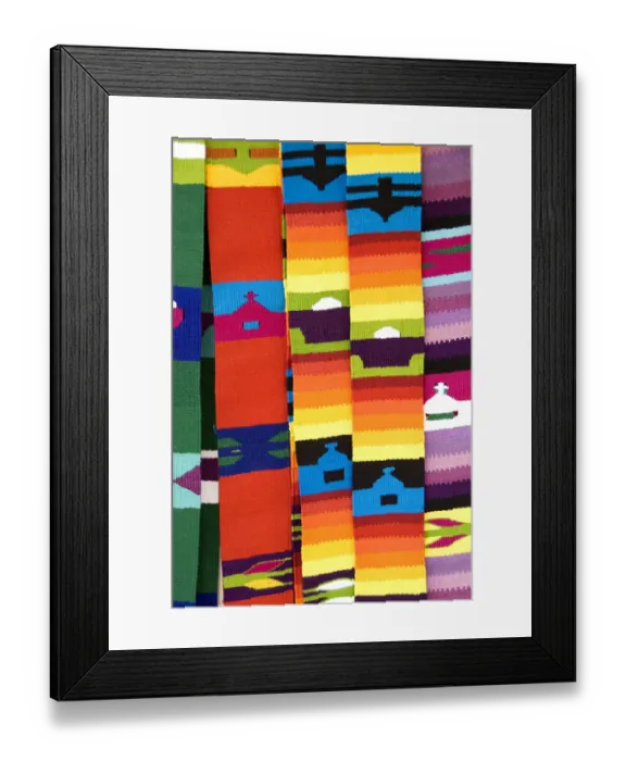 Framed Print : Close up of colorful fabrics and artwork shawls in Antigua Guatemala Framed Print : Close up of colorful fabrics and artwork shawls in Antigua Guatemala