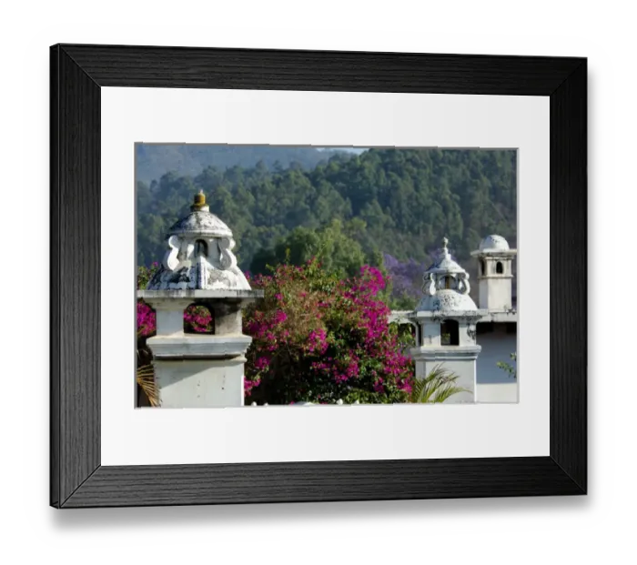 Framed Print : Central America, Guatemala, Antigua. Building tops with flowers. UNESCO World Heritage