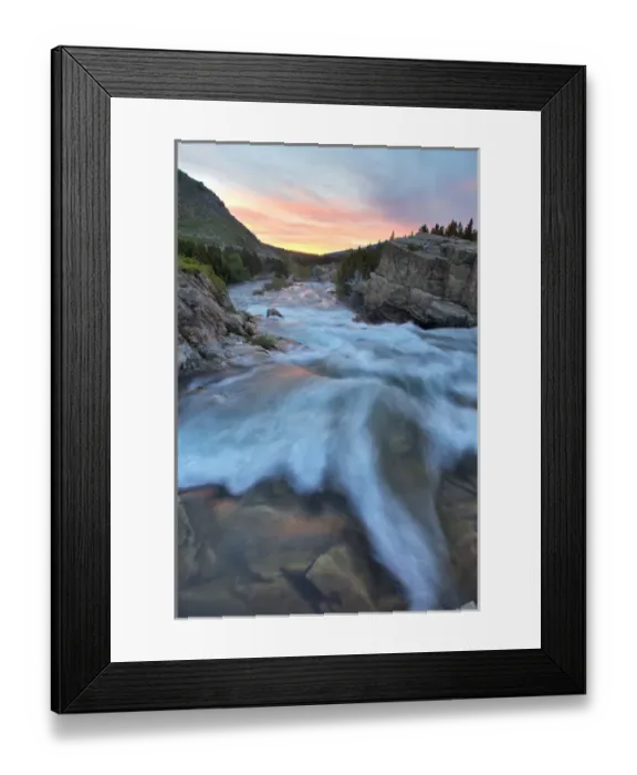 Framed Print : Swiftcurrent Falls catches mornings first light in the Many Glacier Valley of Glacier Framed Print : Swiftcurrent Falls catches mornings first light in the Many Glacier Valley of Glacier