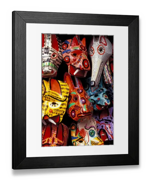 Framed Print : Central America, Guatemala, Highlands, Chichicastenango, painted masks at Sunday market Framed Print : Central America, Guatemala, Highlands, Chichicastenango, painted masks at Sunday market