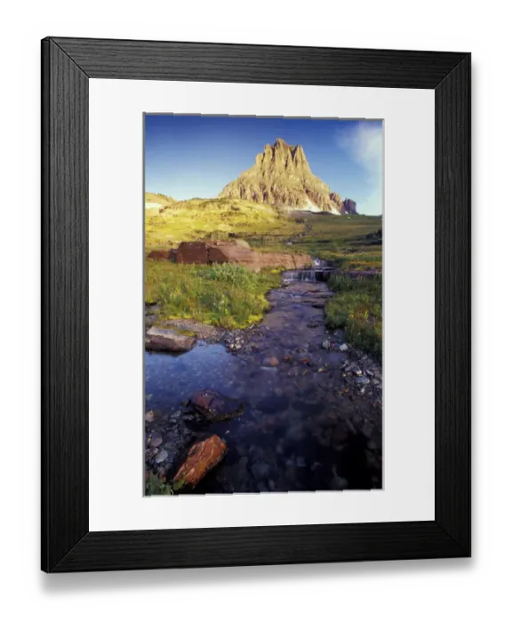 Framed Print : N. A. USA, Montana, Glacier Nat l Park Mt. Reynolds and waterfall
