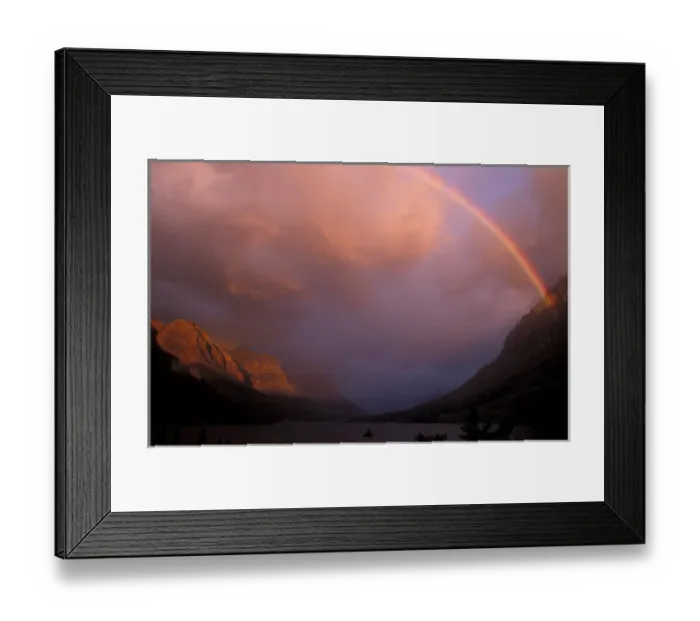 Framed Print : Rainbow and stormy sunrise over St. Mary Lake in Glacier National Park, Montana