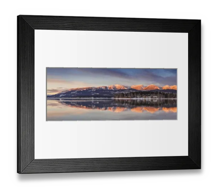 Framed Print : Panoramic of Big Mountain reflects into Whitefish Lake at sunset in winter in Whitefish