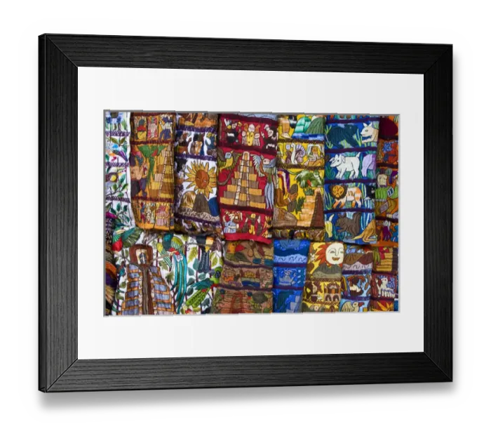 Framed Print : Central America, Guatemala, Chichicastenango. Embroidered textiles for sale in Chichicastenango Framed Print : Central America, Guatemala, Chichicastenango. Embroidered textiles for sale in Chichicastenango