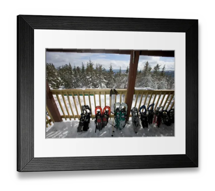Framed Print : Snowshoes on the front porch of the Appalachian Mountain Clubs Hi-Cabin on Mount Framed Print : Snowshoes on the front porch of the Appalachian Mountain Clubs Hi-Cabin on Mount