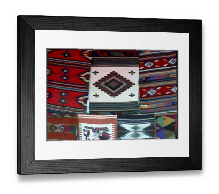Framed Print : Mexico, Oaxaca. Hand woven blankets for sale in the market