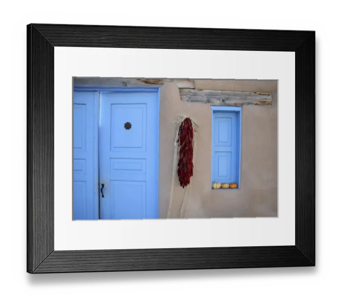 Framed Print : North America, USA, New Mexico. Adobe Blue Door and Hanging Chilis