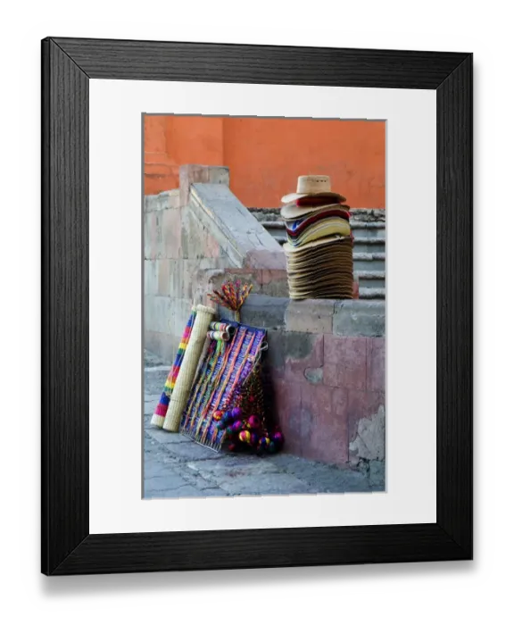 Framed Print : Mexico, San Miguel de Allende, Hats and other items for sale on street. Credit as Framed Print : Mexico, San Miguel de Allende, Hats and other items for sale on street. Credit as