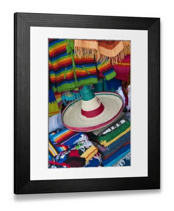 Framed Print : South America, Mexico, Teotihuacan. Sombrero and blankets for sale at market. Credit as