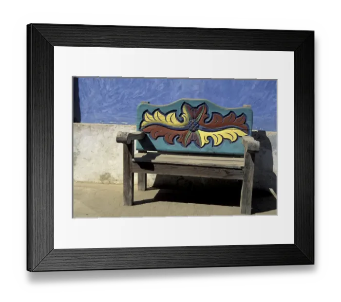 Framed Print : NA, Mexico, Baja, Todos Santos. Carved bench detail