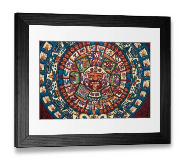 Framed Print : North America, Mexico, Teotihuacan, souvenir blanket with colorful Aztec calendar design