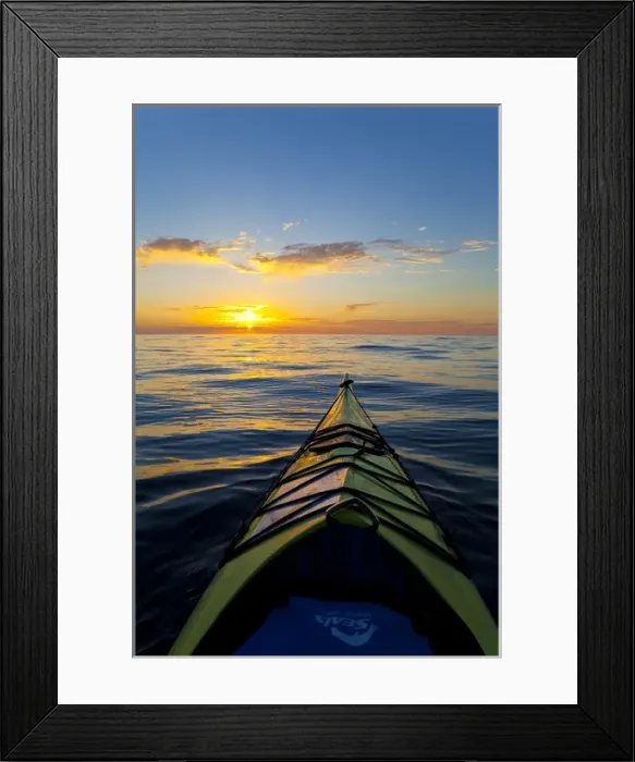 Framed Print : Mexico, Baja, Sea of Cortez. Bow of kayak and sunrise Framed Print : Mexico, Baja, Sea of Cortez. Bow of kayak and sunrise