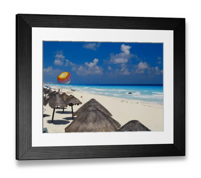 Framed Print : 06. Mexico, Cancun, Sunshades along beach with parachute in background Framed Print : 06. Mexico, Cancun, Sunshades along beach with parachute in background