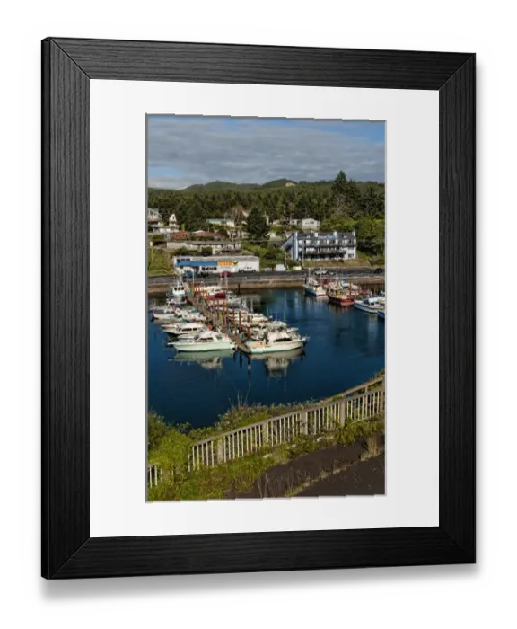 Framed Print : Looking down from above at Depoe Bay Oregon harbor with scenic colorful boats in pier Framed Print : Looking down from above at Depoe Bay Oregon harbor with scenic colorful boats in pier