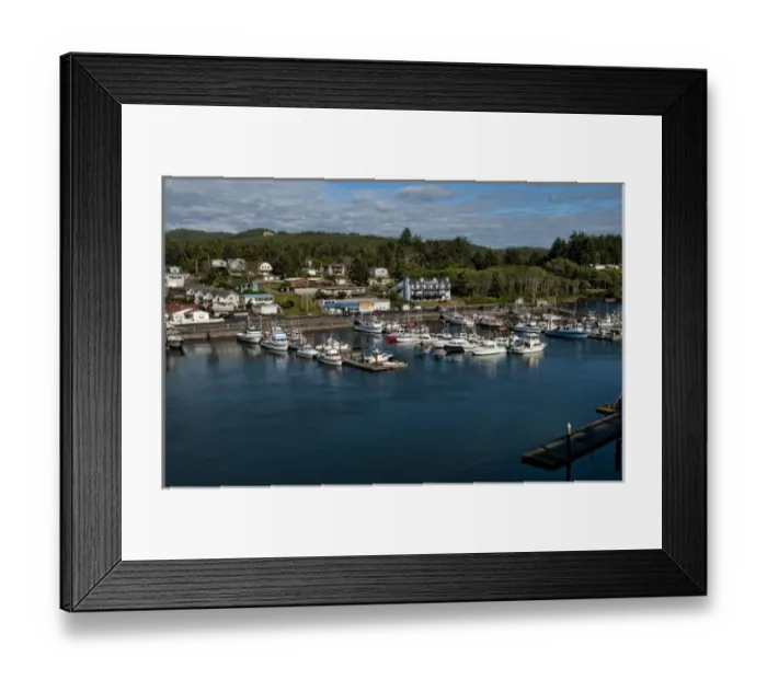 Framed Print : Looking down from above at Depoe Bay Oregon harbor with scenic colorful boats in pier