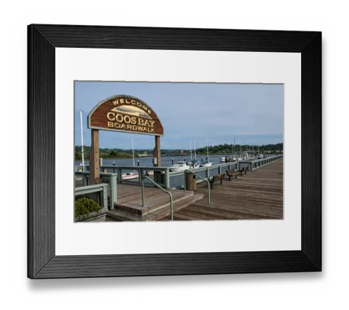 Framed Print : Boardwalk and Harbor in Coos Bay Oregon on Oregon coast Framed Print : Boardwalk and Harbor in Coos Bay Oregon on Oregon coast