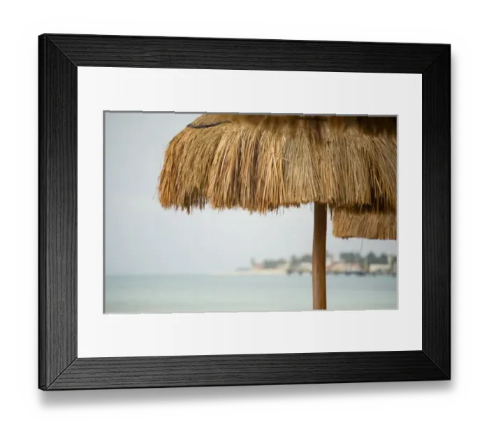 Framed Print : North America, Mexico, Quintana Roo, Playa de Carmen. The roof of a palm hut on a beach