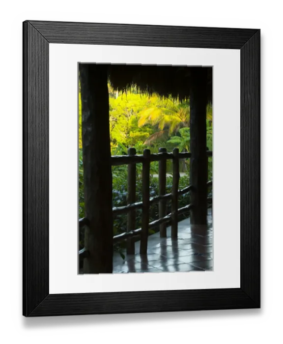 Framed Print : Mexico, Yucatan, Chichen Itza, view of garden from bungalow porch at Mayaland Hotel, PR Framed Print : Mexico, Yucatan, Chichen Itza, view of garden from bungalow porch at Mayaland Hotel, PR