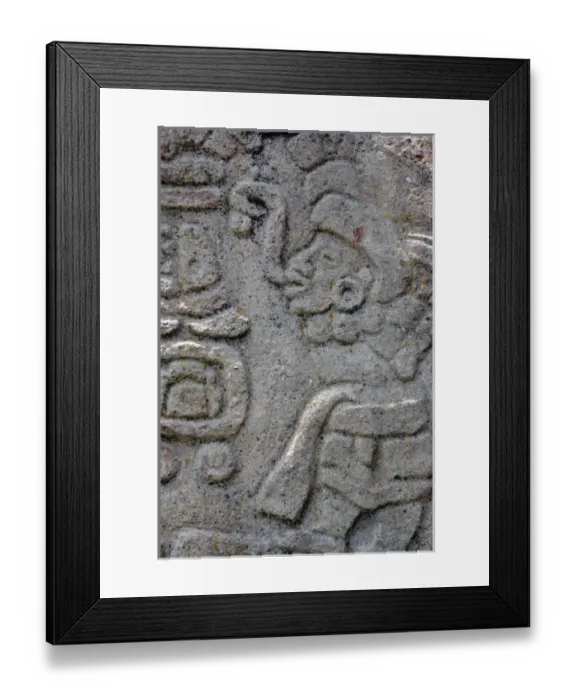 Framed Print : Detail of a rock carving by a Zapotec artist at Monte Alban archeologic site near Oaxaca